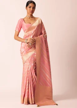 Pink Striped Tissue Silk Saree with Brocade Border Pallu And Unstitched Blouse Piece