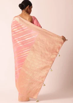 Pink Striped Tissue Silk Saree with Brocade Border Pallu And Unstitched Blouse Piece