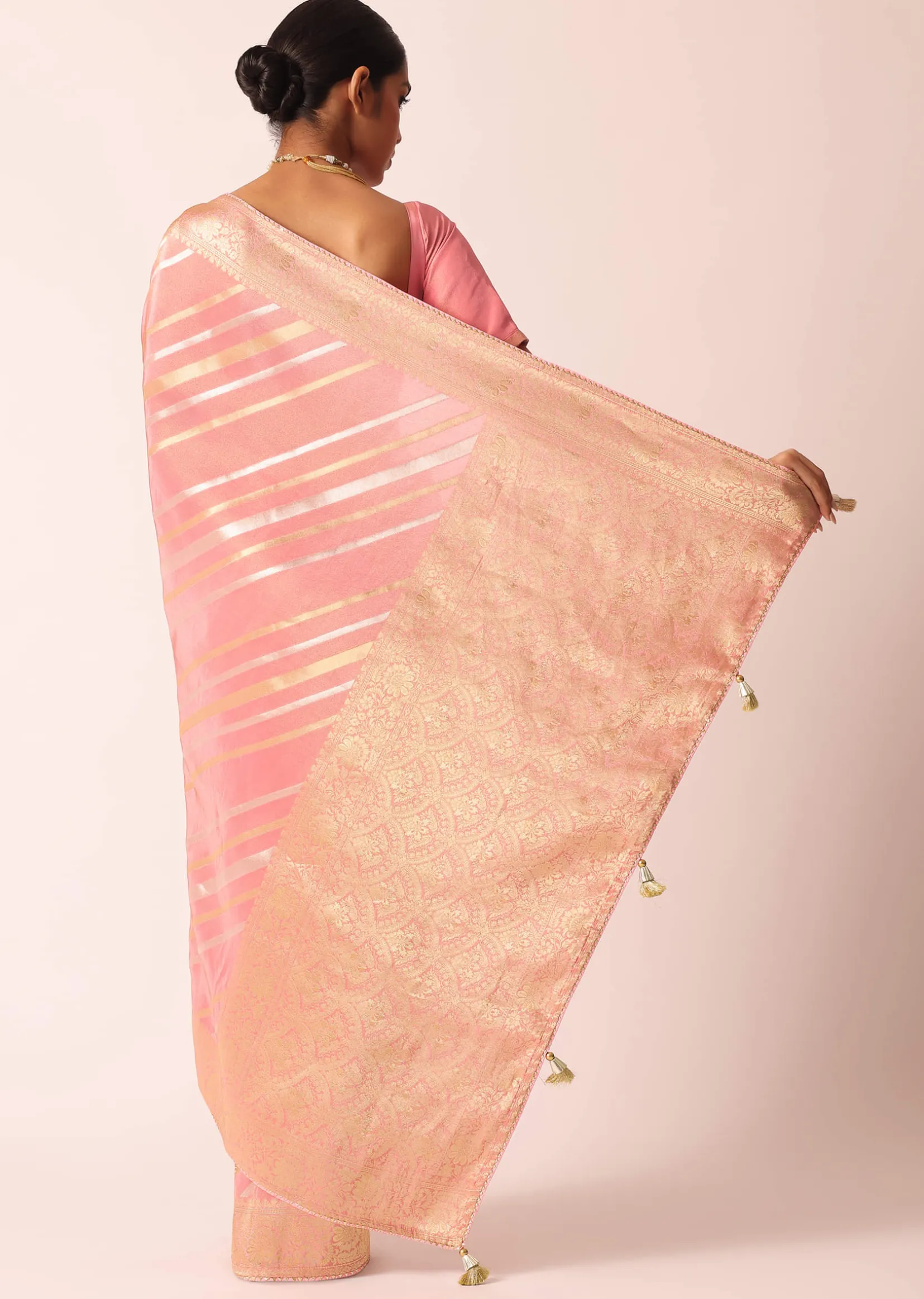 Pink Striped Tissue Silk Saree with Brocade Border Pallu And Unstitched Blouse Piece