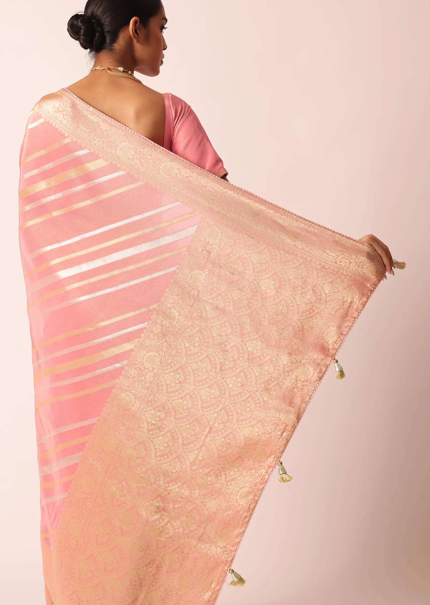 Pink Striped Tissue Silk Saree with Brocade Border Pallu And Unstitched Blouse Piece
