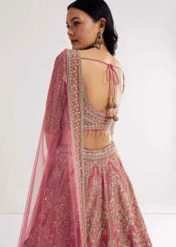 Pink Sweetheart Neck Georgette Cutdana Stonework Lehenga With Net Dupatta
