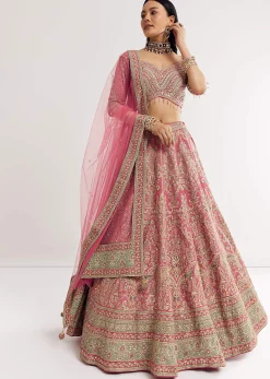 Pink Sweetheart Neck Georgette Cutdana Stonework Lehenga With Net Dupatta