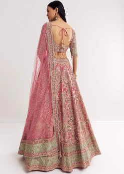 Pink Sweetheart Neck Georgette Cutdana Stonework Lehenga With Net Dupatta