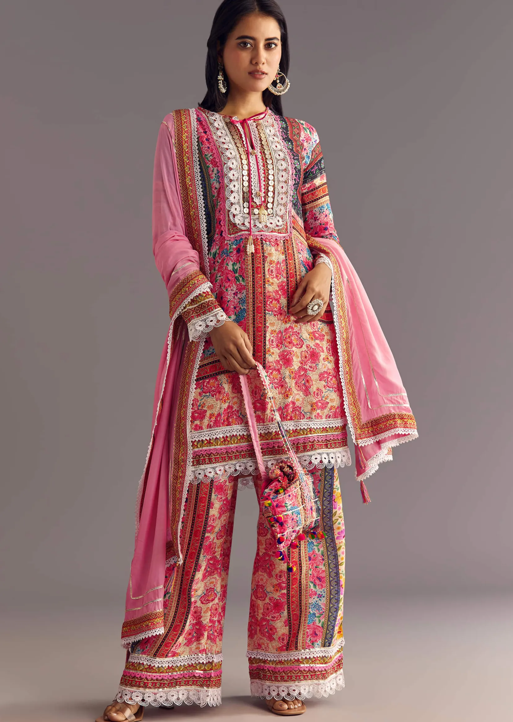 Pink Tabby Silk Floral Print Kurta Palazzo Set With Potli Bag
