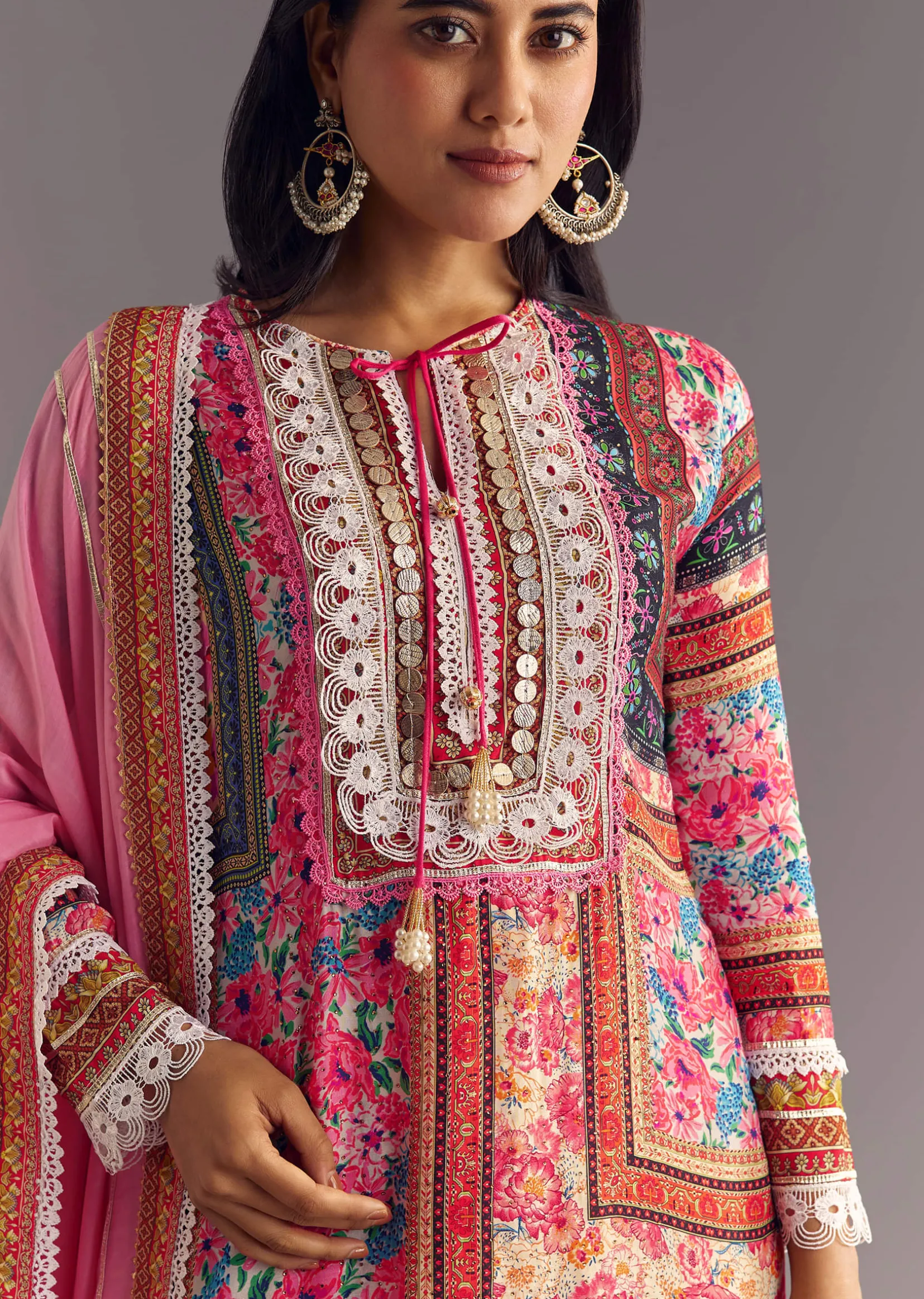 Pink Tabby Silk Floral Print Kurta Palazzo Set With Potli Bag