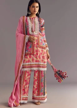 Pink Tabby Silk Floral Print Kurta Palazzo Set With Potli Bag