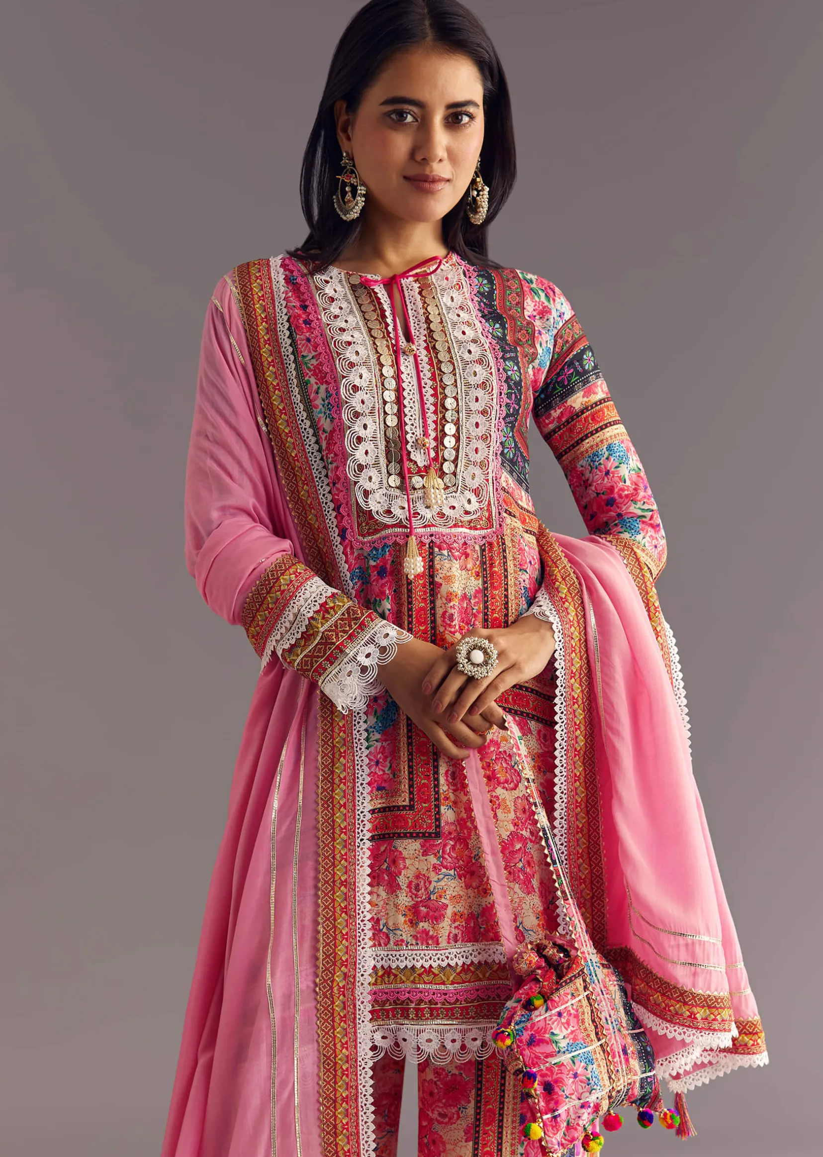 Pink Tabby Silk Floral Print Kurta Palazzo Set With Potli Bag