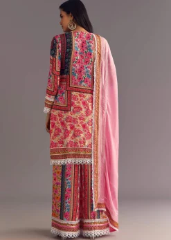 Pink Tabby Silk Floral Print Kurta Palazzo Set With Potli Bag