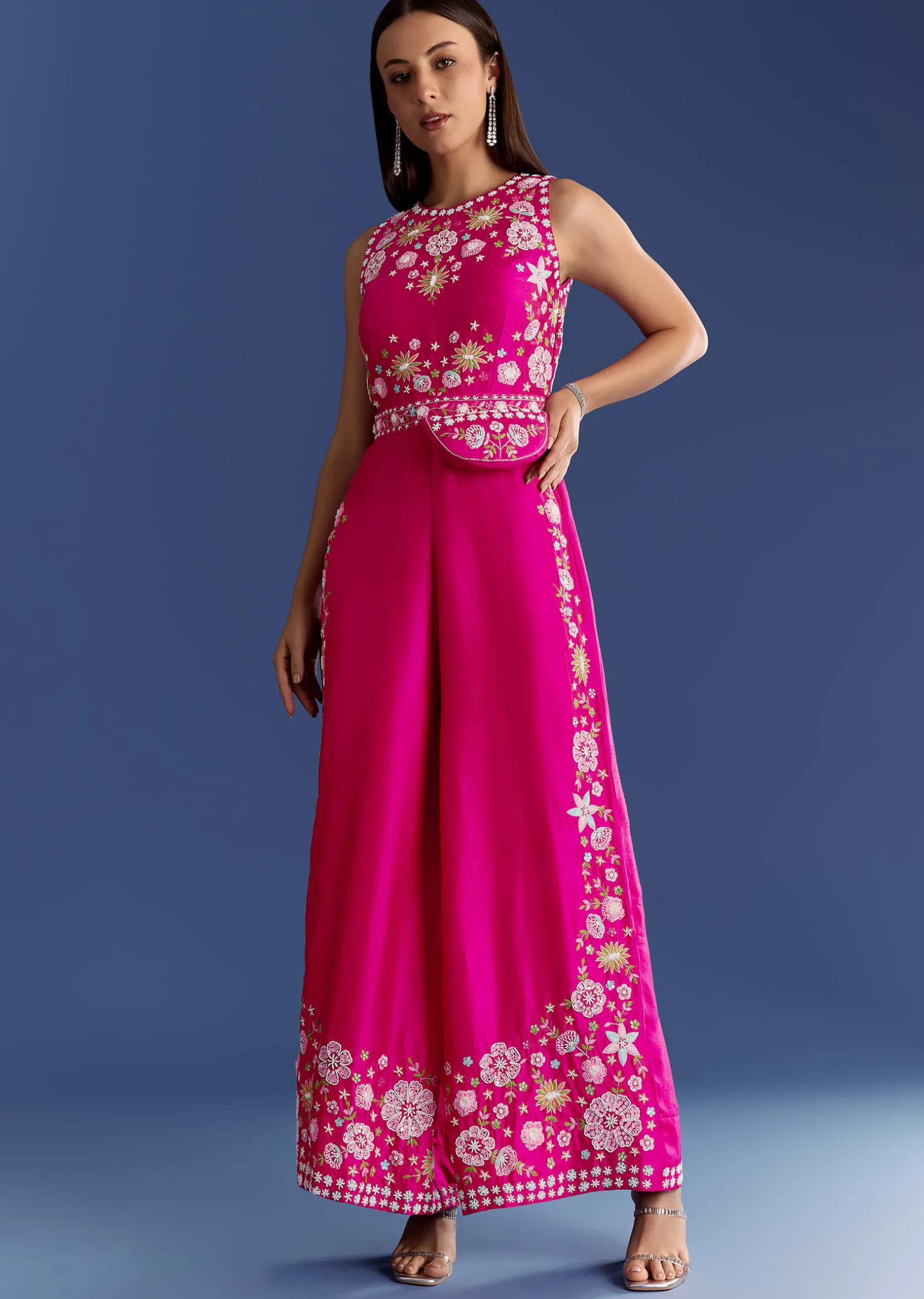 Pink Thread And Moti Work Jumpsuit With Waist Belt