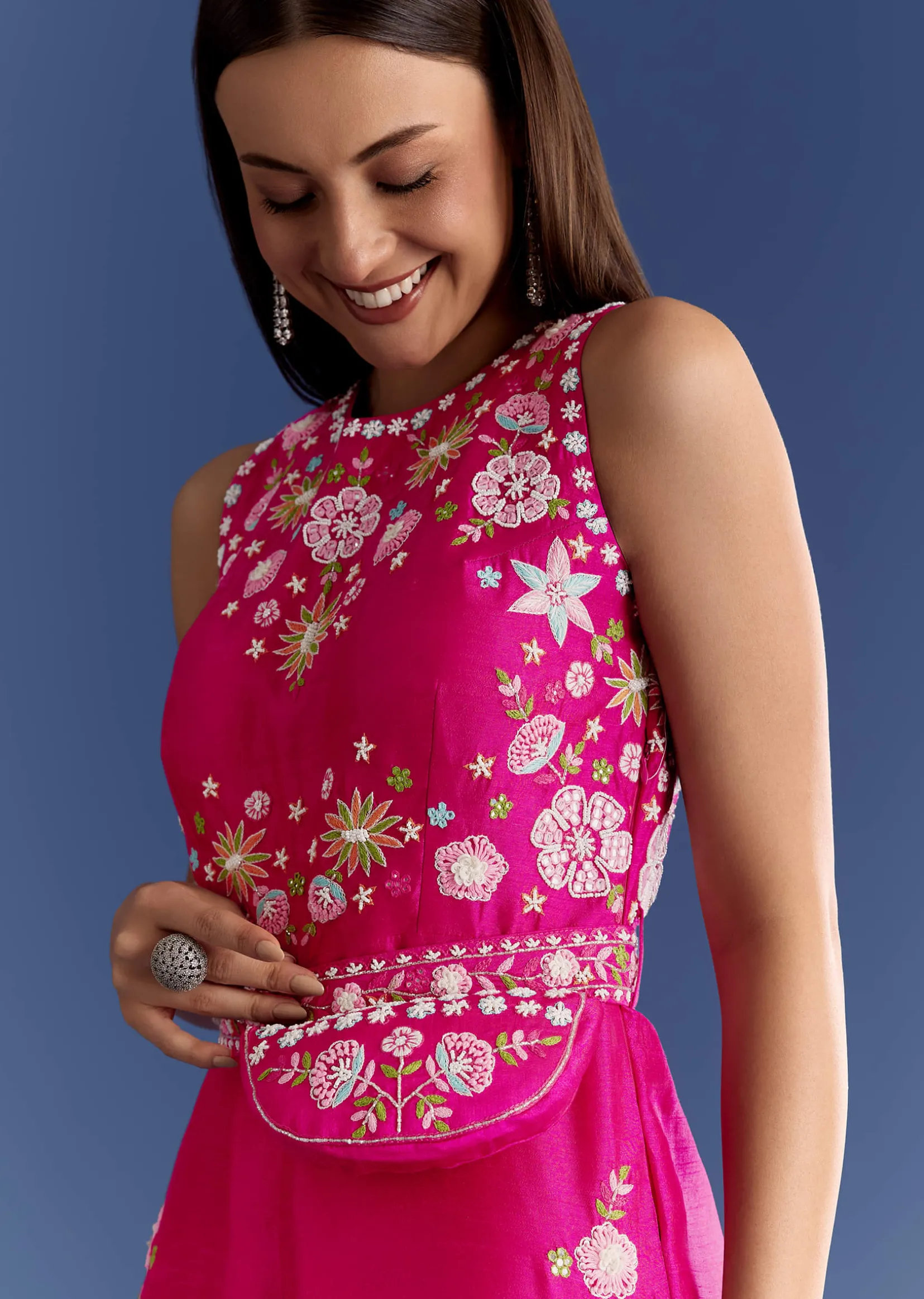 Pink Thread And Moti Work Jumpsuit With Waist Belt