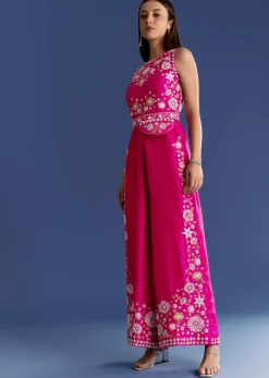 Pink Thread And Moti Work Jumpsuit With Waist Belt