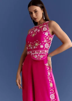 Pink Thread And Moti Work Jumpsuit With Waist Belt