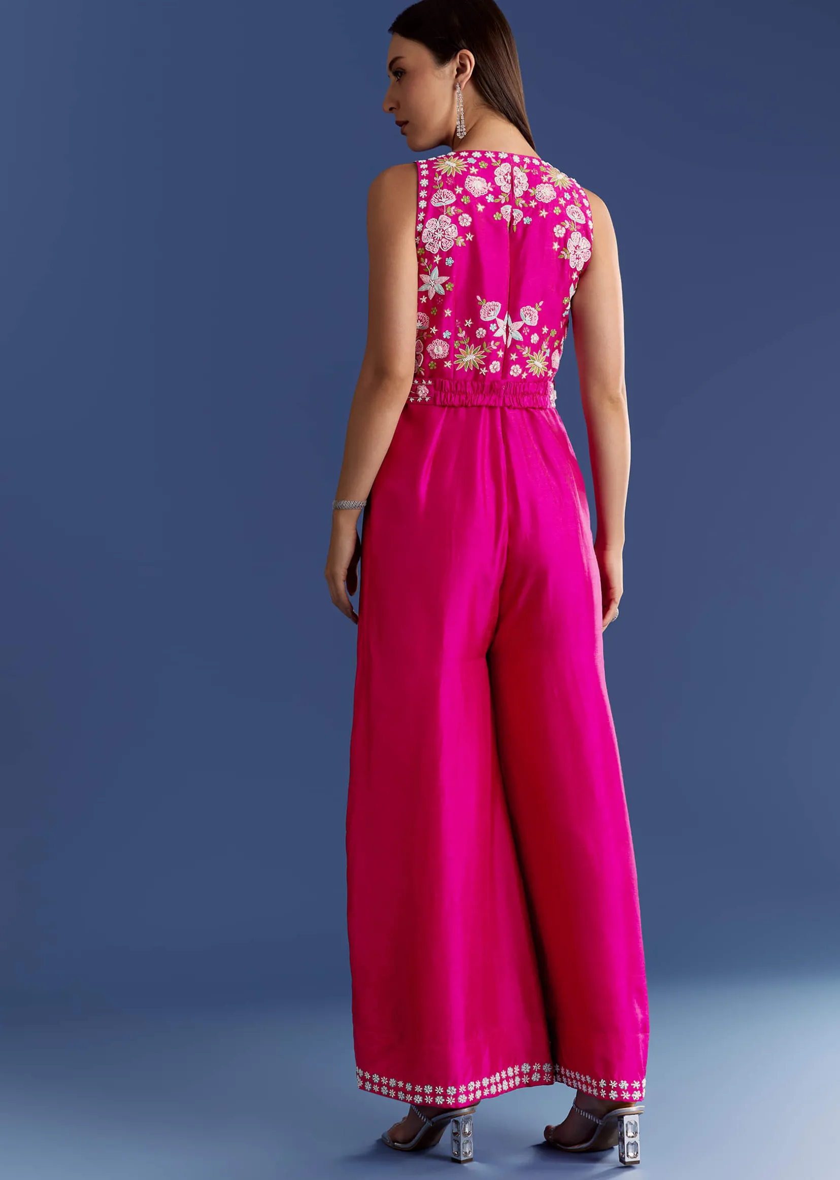 Pink Thread And Moti Work Jumpsuit With Waist Belt