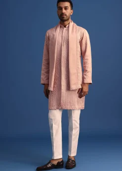 Pink Thread Handowork Kurta Set With Dupatta