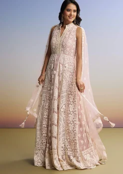 Pink Threadwork Anarkali With Dupatta