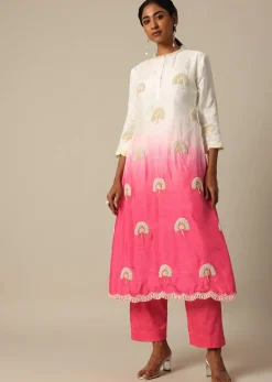 Pink Tie Dye Kurta Set In Cotton Silk