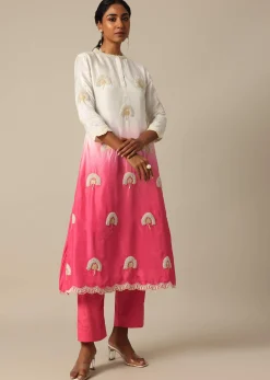 Pink Tie Dye Kurta Set In Cotton Silk