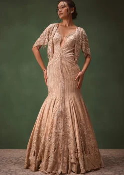 Pink Tissue Cutdana Fishcut Lehenga With Cape And Jacket