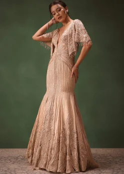 Pink Tissue Cutdana Fishcut Lehenga With Cape And Jacket