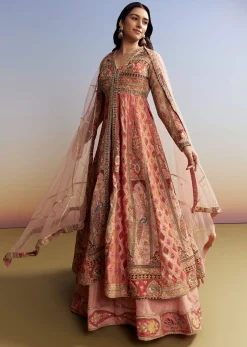 Pink Tissue Kurta Lehenga Set