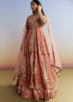 Pink Tissue Kurta Lehenga Set