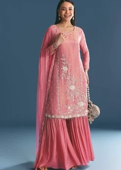 Pink Tissue Kurta Sharara Suit With Moti Cut Dana Work