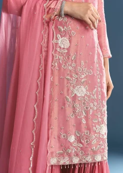Pink Tissue Kurta Sharara Suit With Moti Cut Dana Work