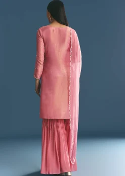 Pink Tissue Kurta Sharara Suit With Moti Cut Dana Work