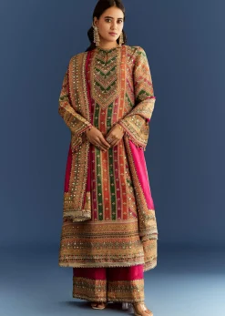 Pink Tissue Kurta With Organza Palazzo And Dupatta