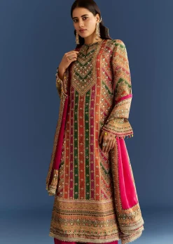 Pink Tissue Kurta With Organza Palazzo And Dupatta