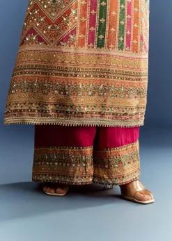 Pink Tissue Kurta With Organza Palazzo And Dupatta