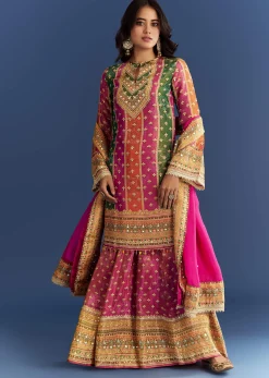 Pink Tissue Kurta With Printed Palazzo And Organza Dupatta