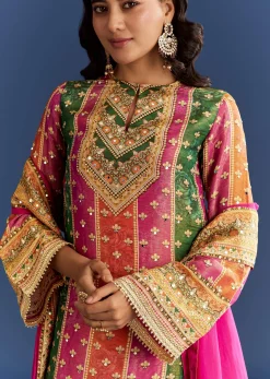 Pink Tissue Kurta With Printed Palazzo And Organza Dupatta