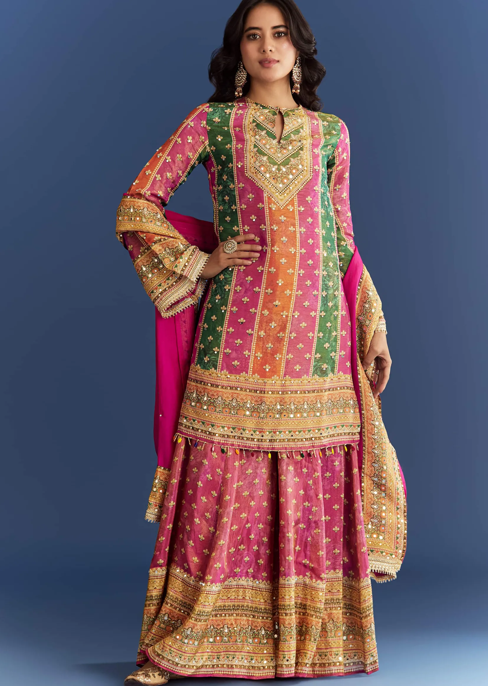 Pink Tissue Kurta With Printed Palazzo And Organza Dupatta