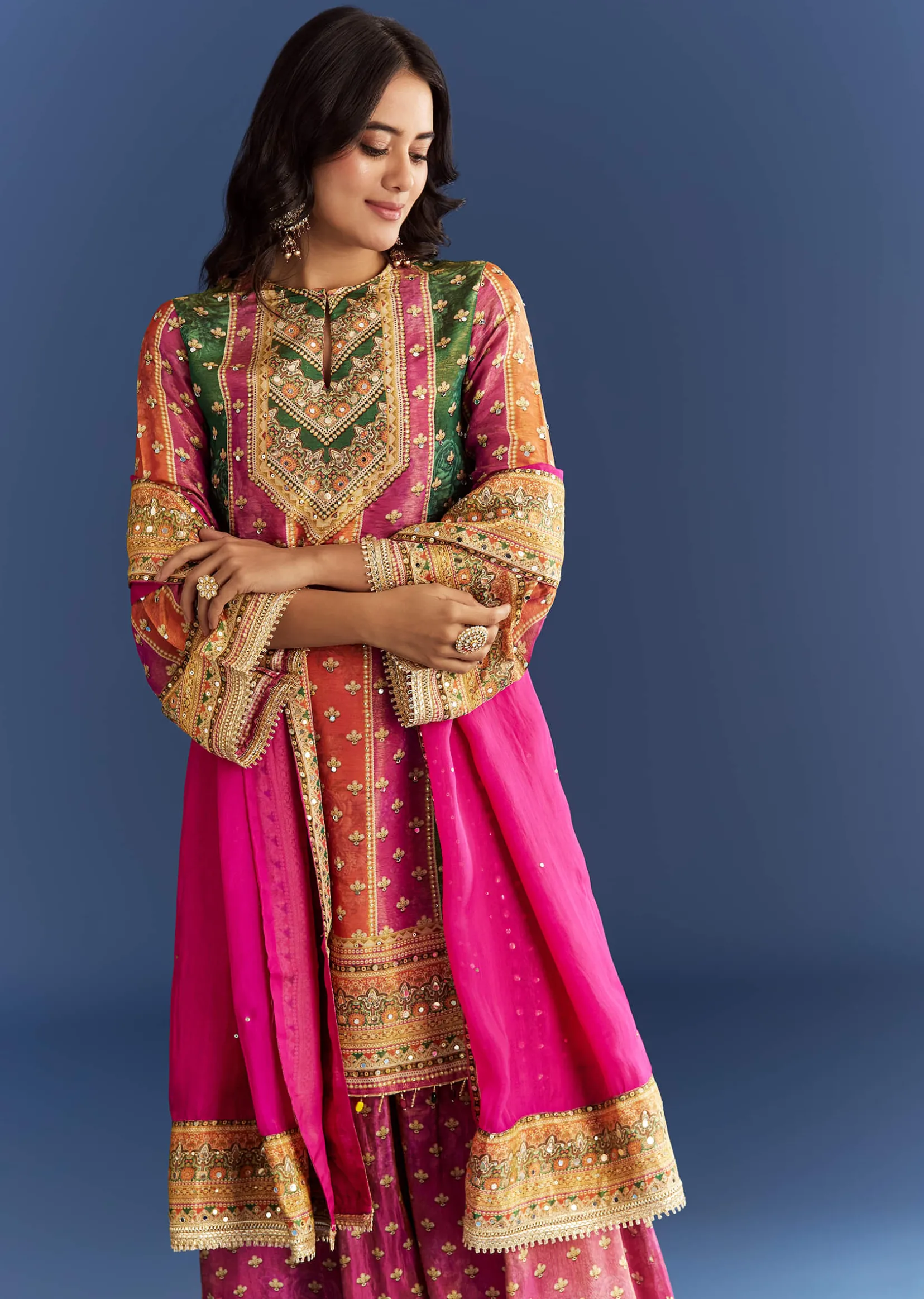 Pink Tissue Kurta With Printed Palazzo And Organza Dupatta