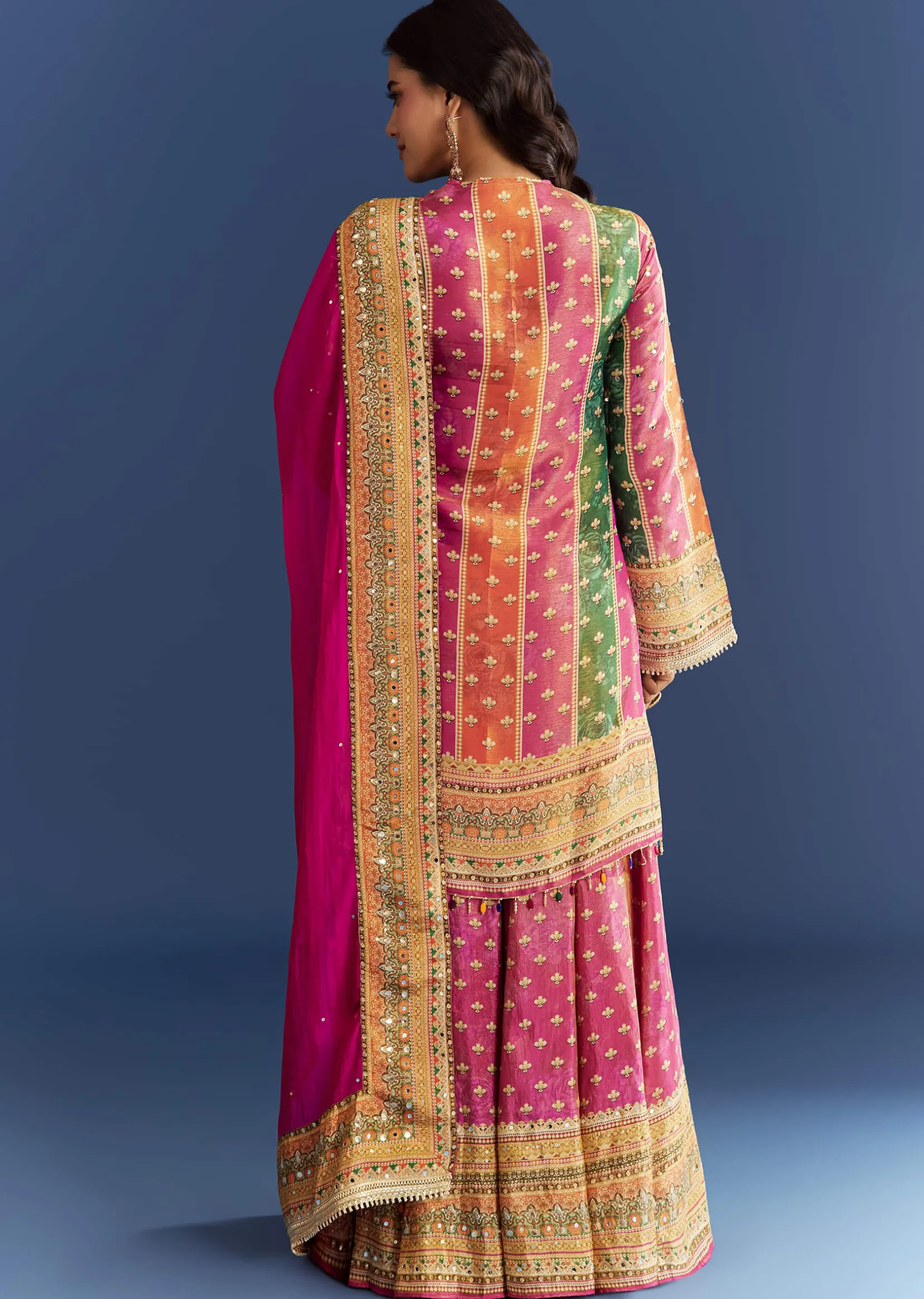 Pink Tissue Kurta With Printed Palazzo And Organza Dupatta