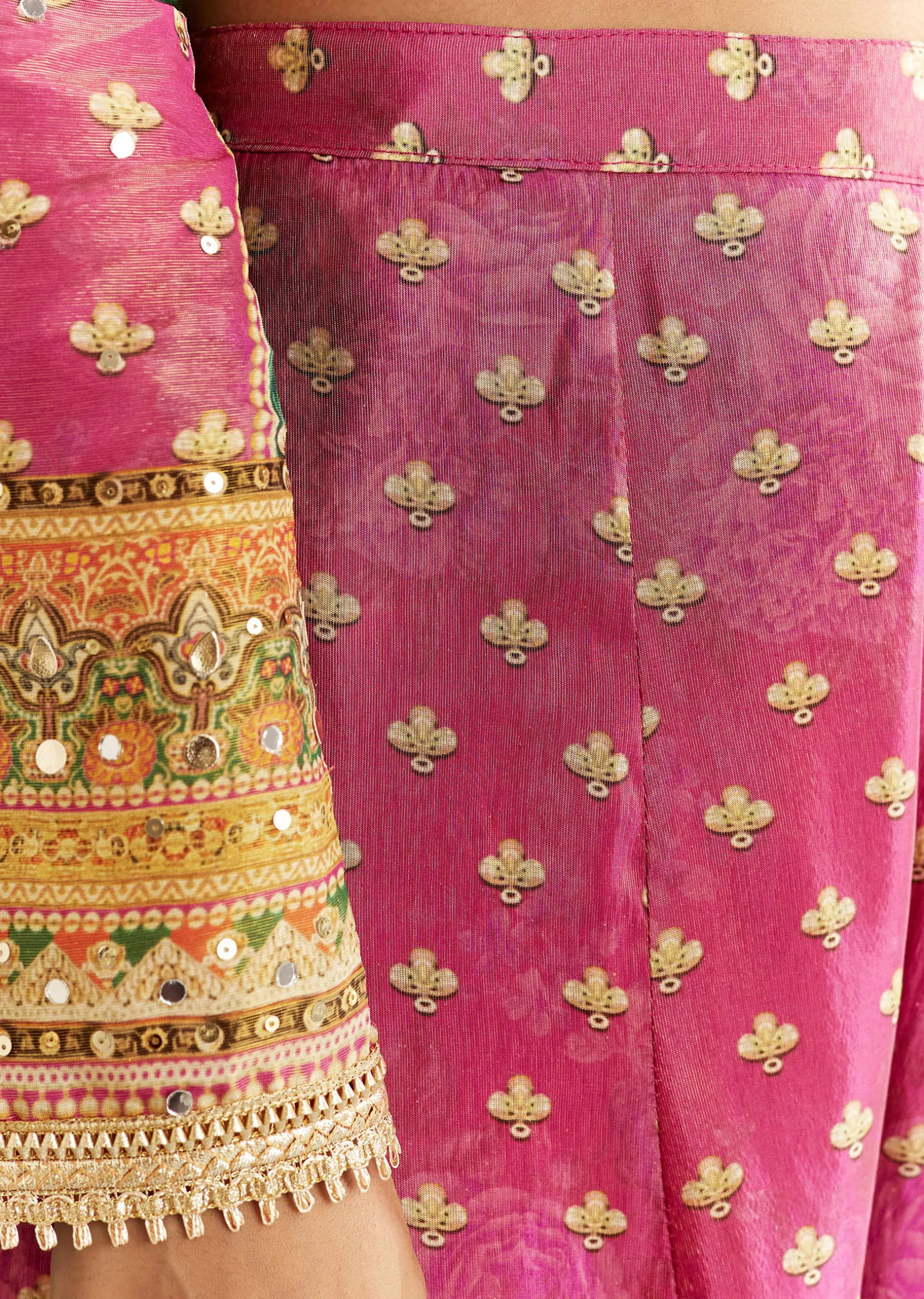 Pink Tissue Kurta With Printed Palazzo And Organza Dupatta