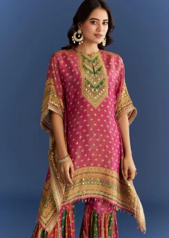 Pink Tissue Mirror Stone Embroidered Kurta With Printed Sharara