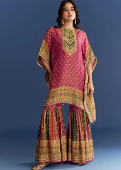 Pink Tissue Mirror Stone Embroidered Kurta With Printed Sharara
