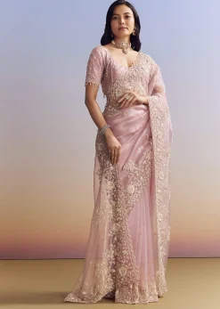 Pink Tissue Saree Adorned With Scallop Border And Heavy Embroidery