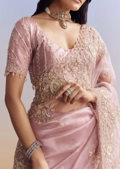 Pink Tissue Saree Adorned With Scallop Border And Heavy Embroidery