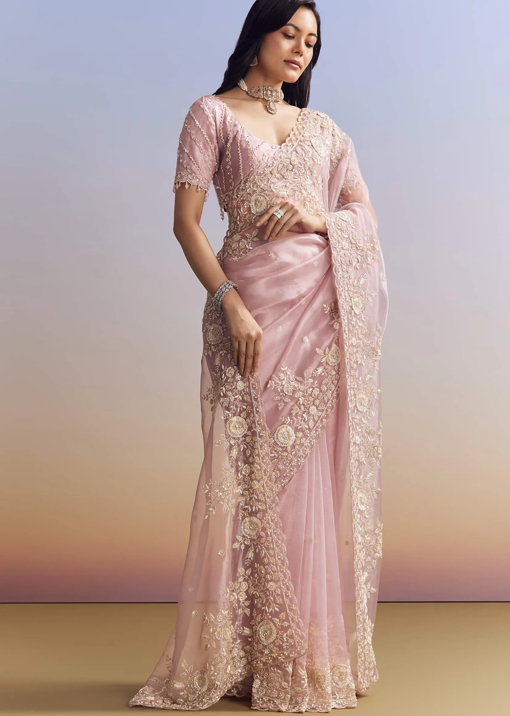 Pink Tissue Saree Adorned With Scallop Border And Heavy Embroidery