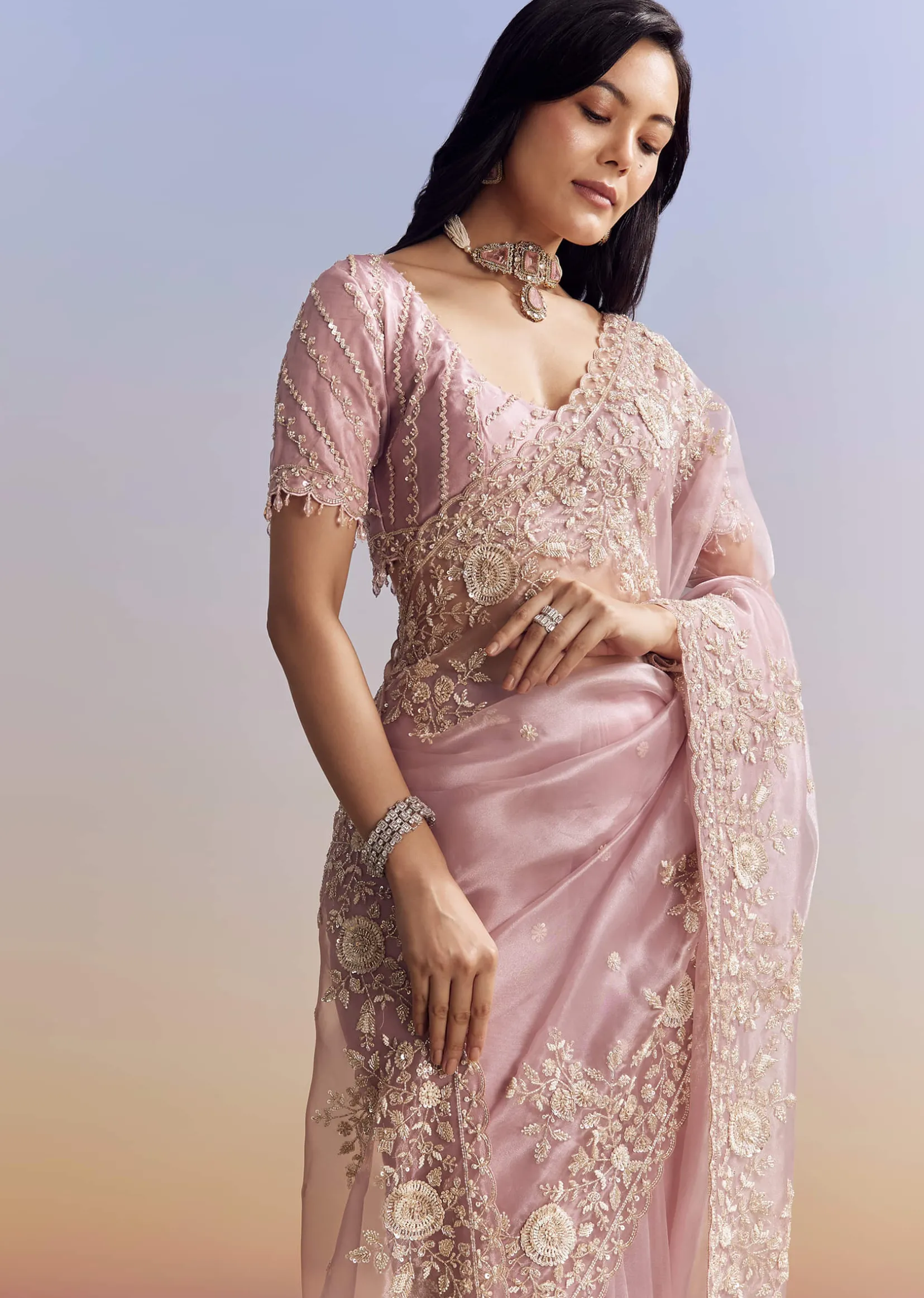 Pink Tissue Saree Adorned With Scallop Border And Heavy Embroidery