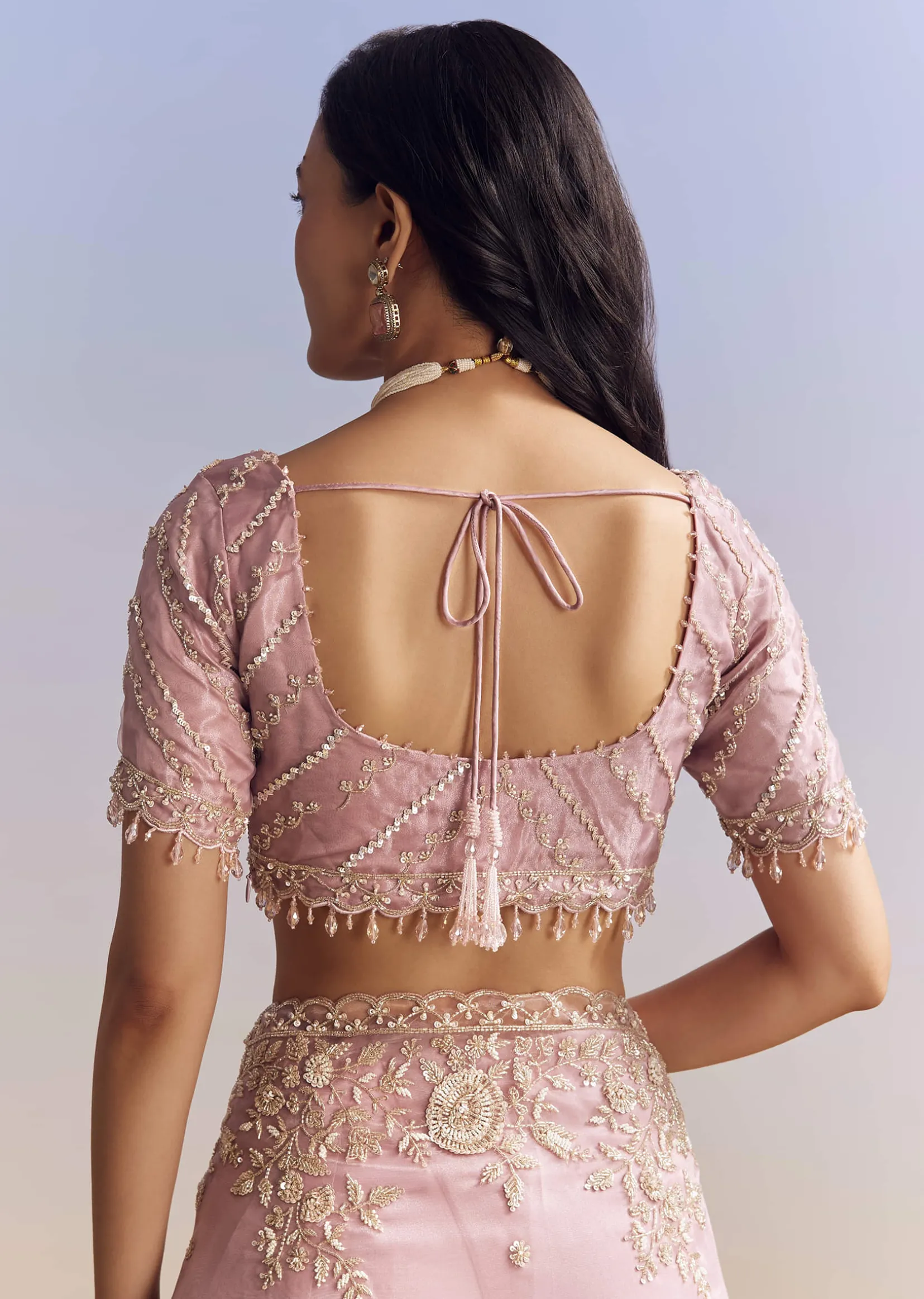 Pink Tissue Saree Adorned With Scallop Border And Heavy Embroidery