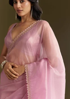 Pink Tissue Saree With All Over Stone Embellishment And Cutdana Scallop Border