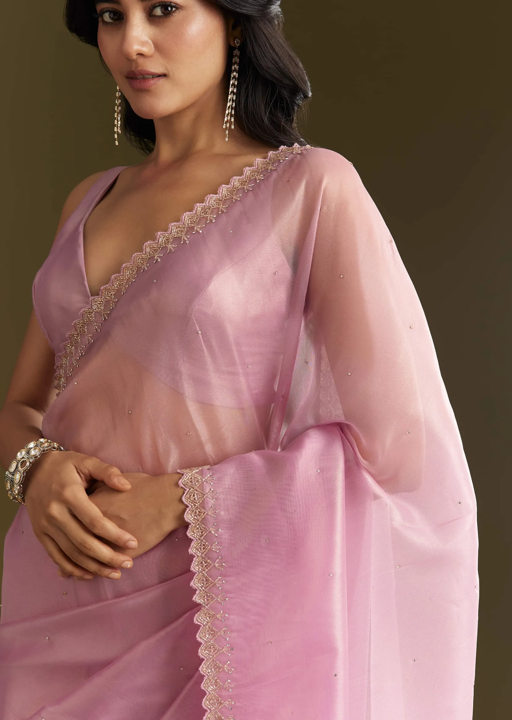 Pink Tissue Saree With All Over Stone Embellishment And Cutdana Scallop Border