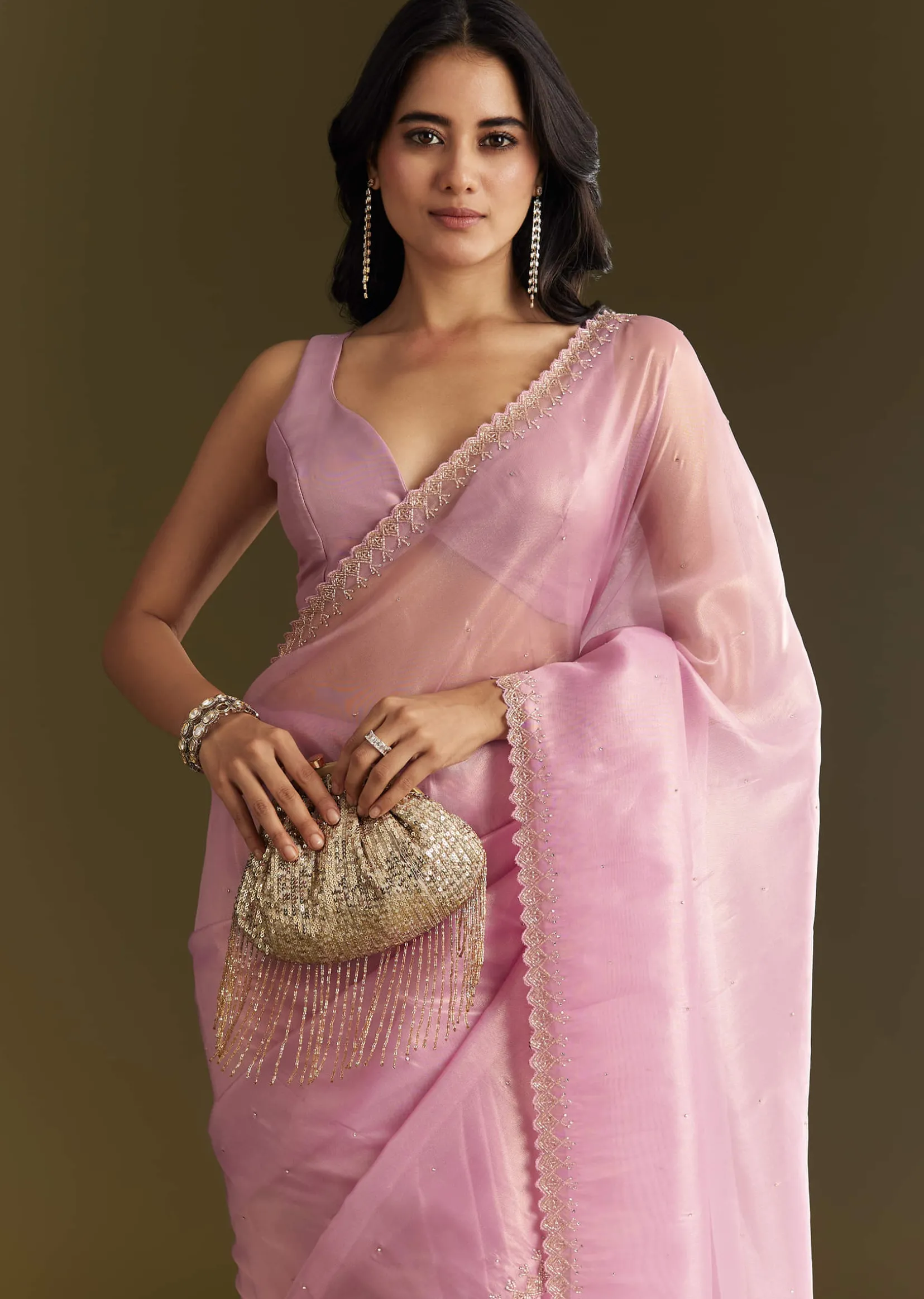 Pink Tissue Saree With All Over Stone Embellishment And Cutdana Scallop Border