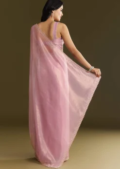 Pink Tissue Saree With All Over Stone Embellishment And Cutdana Scallop Border