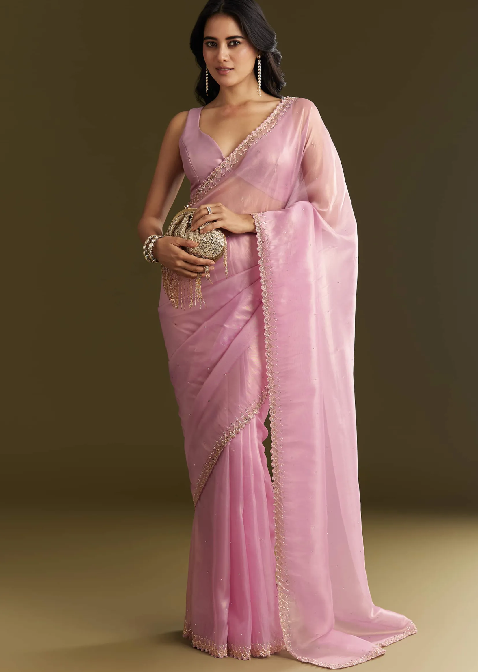 Pink Tissue Saree With All Over Stone Embellishment And Cutdana Scallop Border