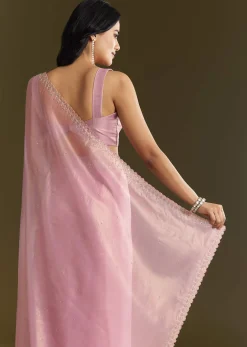 Pink Tissue Saree With All Over Stone Embellishment And Cutdana Scallop Border